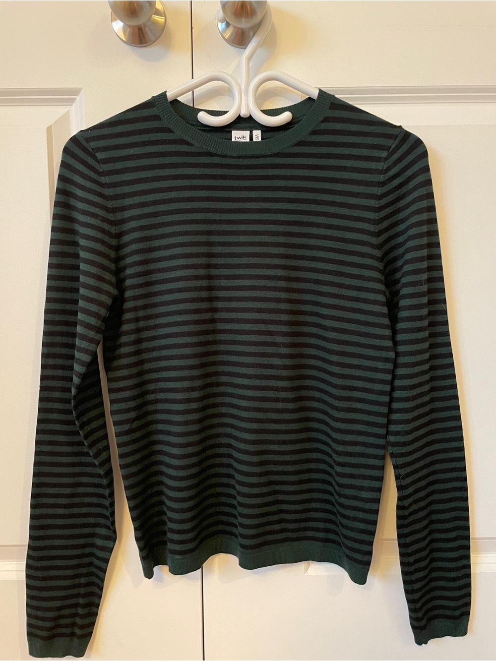twik Black and Dark Green Striped Crewneck Long Sleeve Top